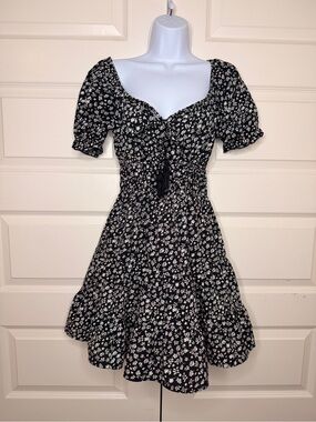 Blush Black Floral Midi Dress with White Flowers